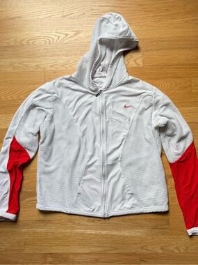 Nike White Hooded Zip Jacket with Red Sleeve Accents
